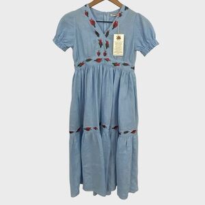 Fanm Mon x Maisonette Aktur Blue Linen Red Floral Embroidered Girls Dress
